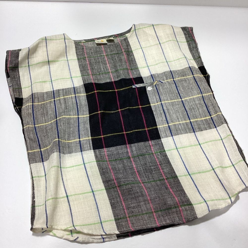 Vintage Liz Claiborne Linen Blouse Size 12 Black White Gray Plaid Grid Print - Picture 9 of 9